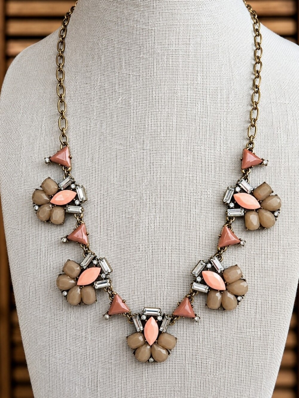 J Crew Signed Oxidized Brass Clear Baguette Peach Nude Jewels Statement Necklace